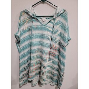 AVENUE Blue Print Soft Knit Short Sleeve Pullover Hoodie Sweater Top 22/24